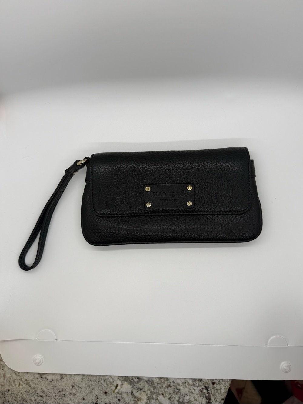Kate Spade Black Pebbled Leather Wristlet Clutch Green Polka Dot Lining Y2K - Picture 14 of 15